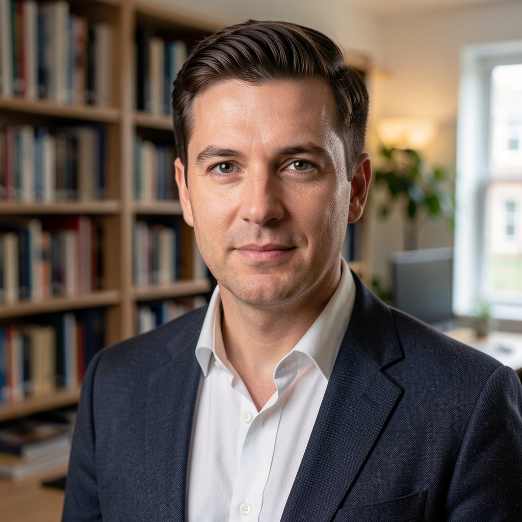 An editorial advisory portrait in a London workspace, bookshelves in the background, under considered artificial lighting