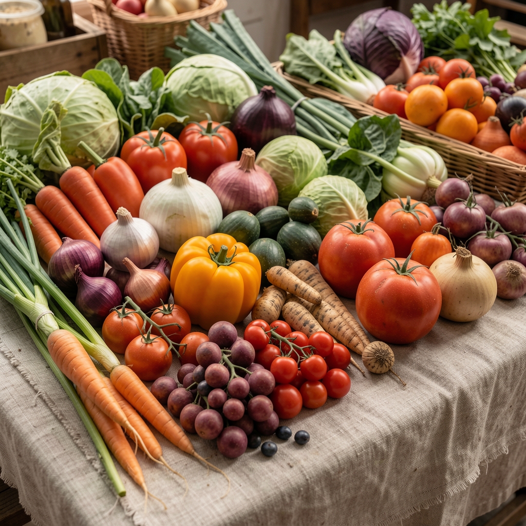 An array of colourful seasonal market vegetables laid out on a worn linen cloth, soft afternoon editorial light
