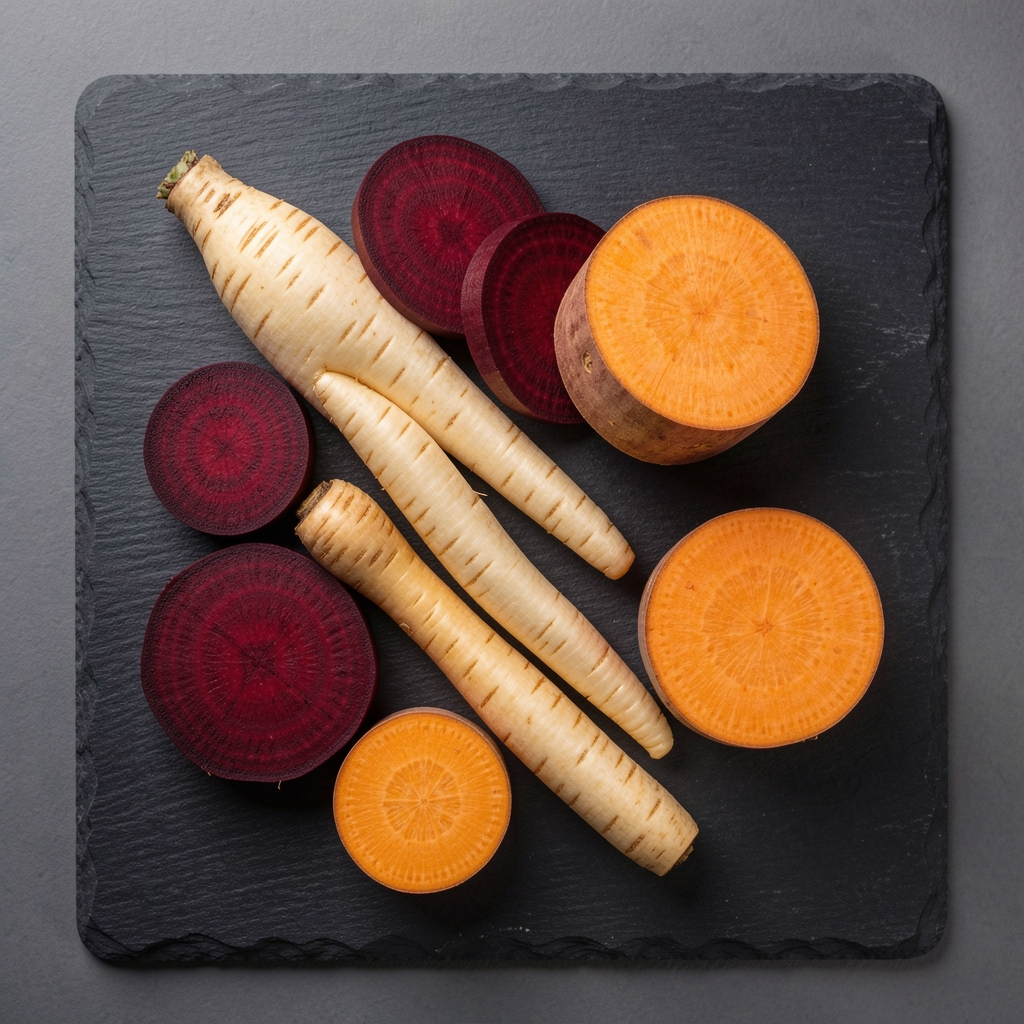 An overhead arrangement of sliced autumn root vegetables including beetroot, parsnip, and sweet potato on a dark slate board under studio lighting