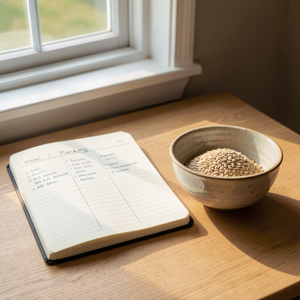 A handwritten meal planning notebook open beside a ceramic bowl of whole grains, morning light through a window