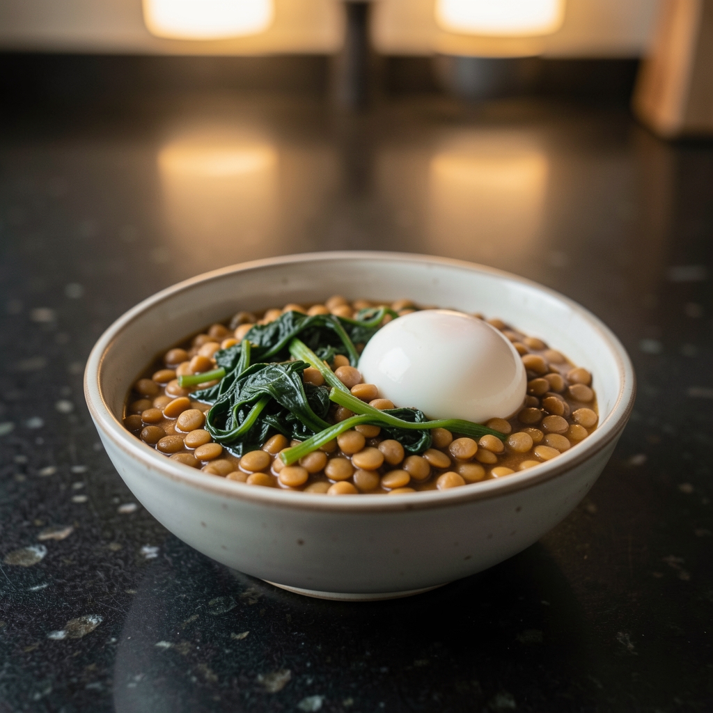 A close-up of a ceramic bowl filled with slow-cooked lentils, wilted greens, and a soft-boiled egg on a dark kitchen counter under warm overhead light