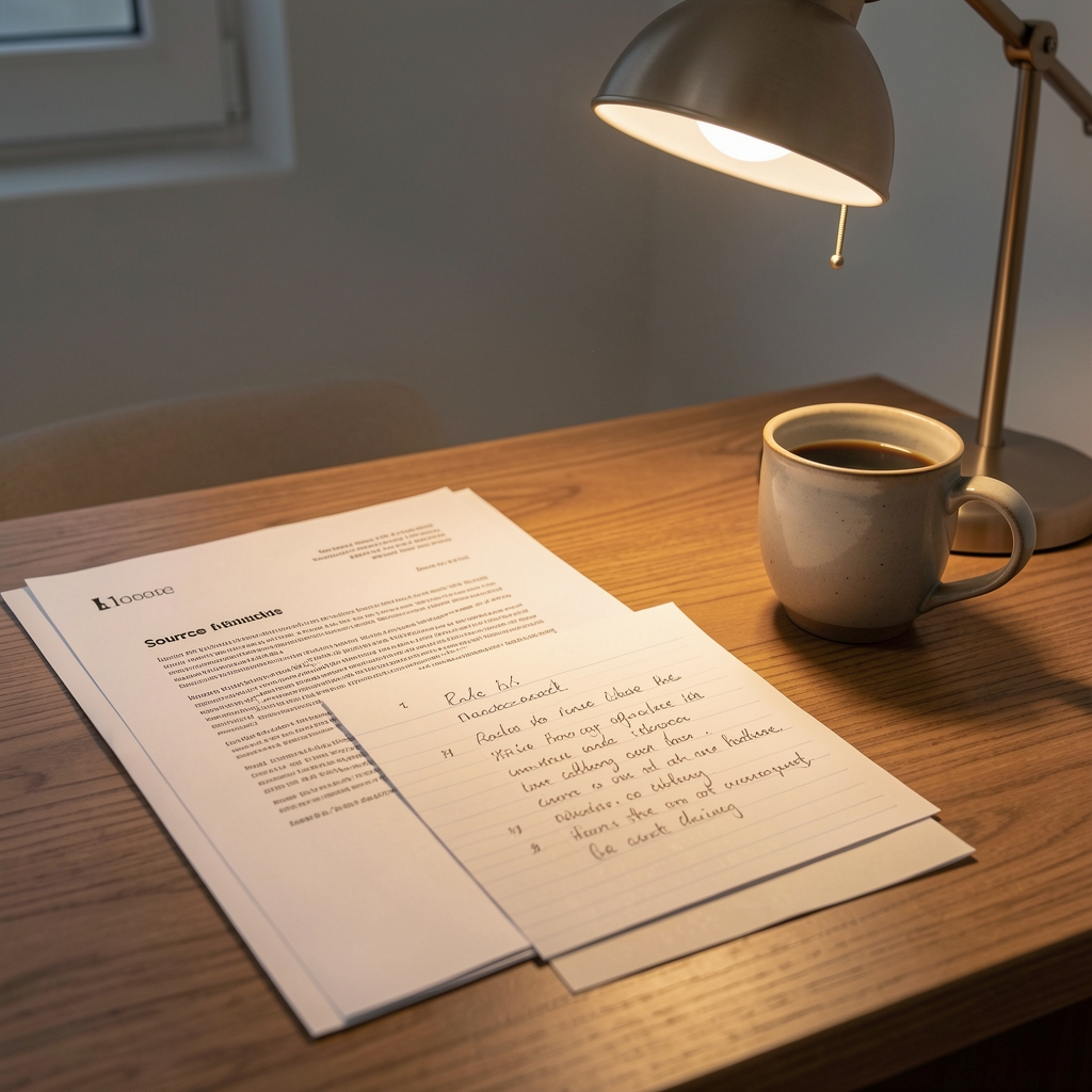 An editorial desk with printed source documents, handwritten annotation pages, and a ceramic coffee cup under warm desk lamp light