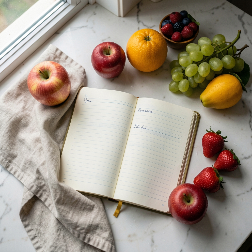 An overhead view of a kitchen counter with freshly washed whole fruits, open recipe notebook, and natural linen cloth under window light